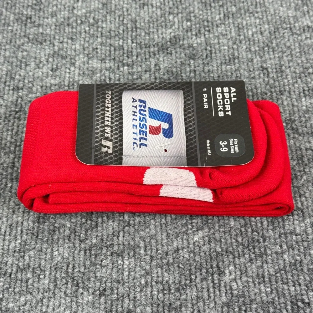 Russell Athletic Socks Youth Size 3-9 All Sport Red‎ White Baseball USA Made NEW